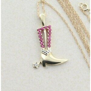 10k Yellow Gold Lab Created Ruby and Diamond Cowboy Boot Necklace 18 inch chain